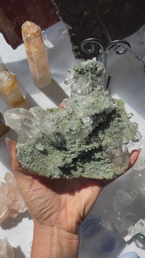 Chlorite and Rutile Samadhi Himalayan Quartz Cluster on Stand